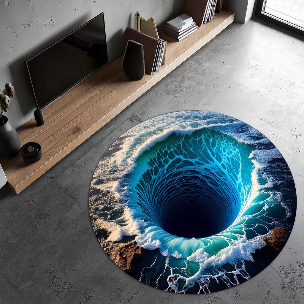 1pc 3D Wavy Ocean Hole Pattern Round Rug, Non-slip Floor Mat for Living Room, Bedroom, Bathroom, Holiday Home Decoration