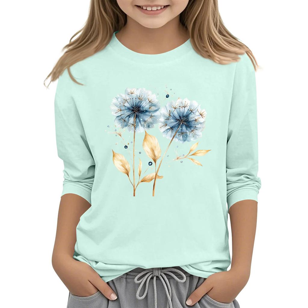 Children's 3/4 Sleeve Round Neck Flowers Print Casual Top