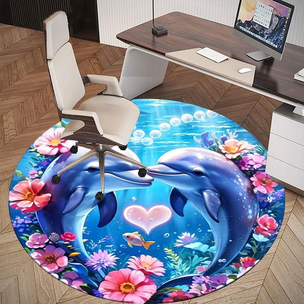 Underwater Love: Dolphin Heart Frame with FlowersRound Non-Slip chair mat chair carpet for office Rugs for Office Decor Gift For Valentine's Day Mothe