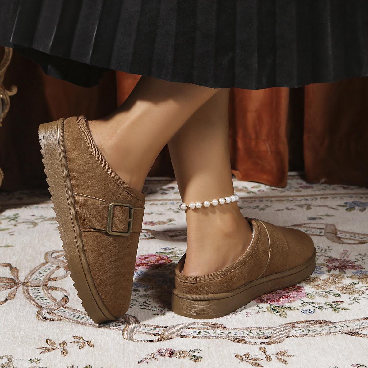 

Fashion Metal Buckle Decoration Cotton Slippers Women 2026 Winter Warm Short Plush Indoor Slides Soft Thick Bottom Fur Slippers 36 верблюд