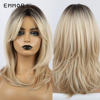 Straight Brown Ombre Blonde Synthetic Wigs with Bangs for Women Soft Layered Heat Resistant Cosplay Daily Hair Wig
