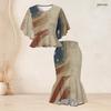 Women Plus Size Two Piece Set Round Neck Batwing Sleeve American Flag Printed Ruffle Hem Top Fishtail Skirt