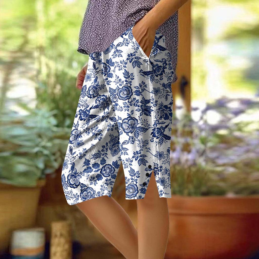 Lockere Kniebundshorts mit Blumenmuster und Seitentaschen für Damen Leichte lässige Sommerkleidung