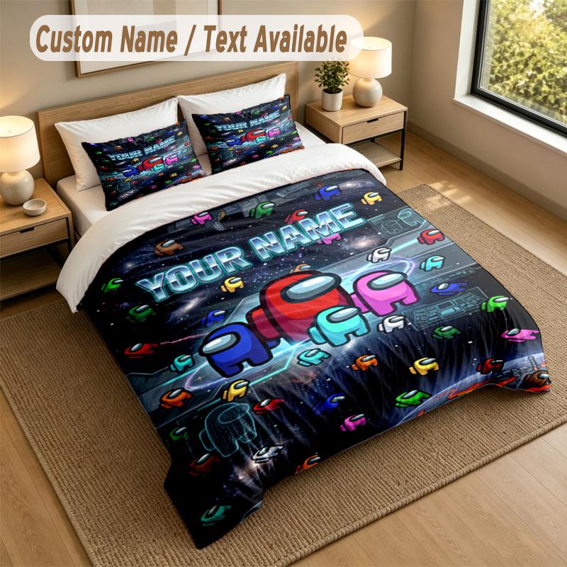 Set Biancheria da Letto 3 Pezzi con Nome Personalizzato, Among Us 1 Copripiumino 2 Federe Biancheria da Letto Morbida per Regalo
