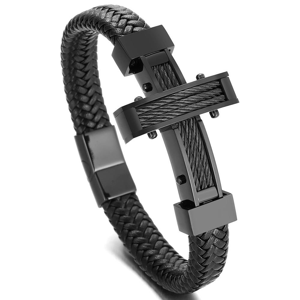 Handmade Braided Leather Wrap Bracelet for Men Stainless Steel Men's Cross Bracelets With Magnet Clasp Birthday Party Jewelry