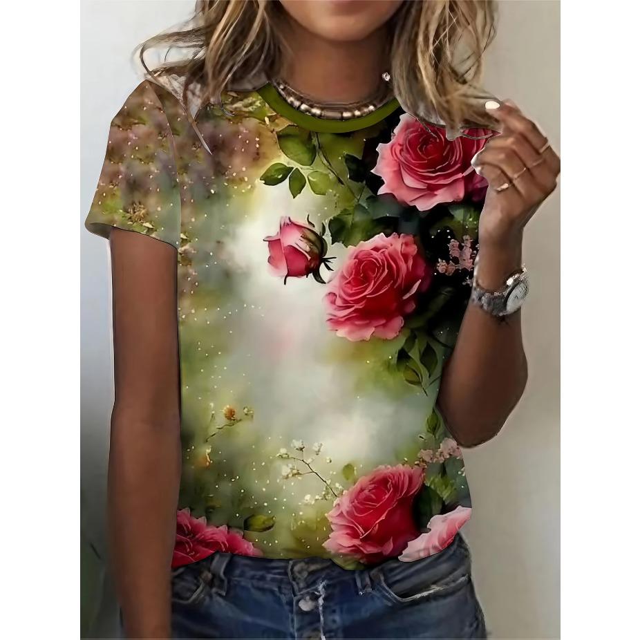 

Женская элегантная футболка с принтом роз, топ с круглым вырезом из слегка тянущейся ткани, яркий цветочный принт, всесезонный комфортный крой, женские футболки, повседневная одежда 6XL зелёный