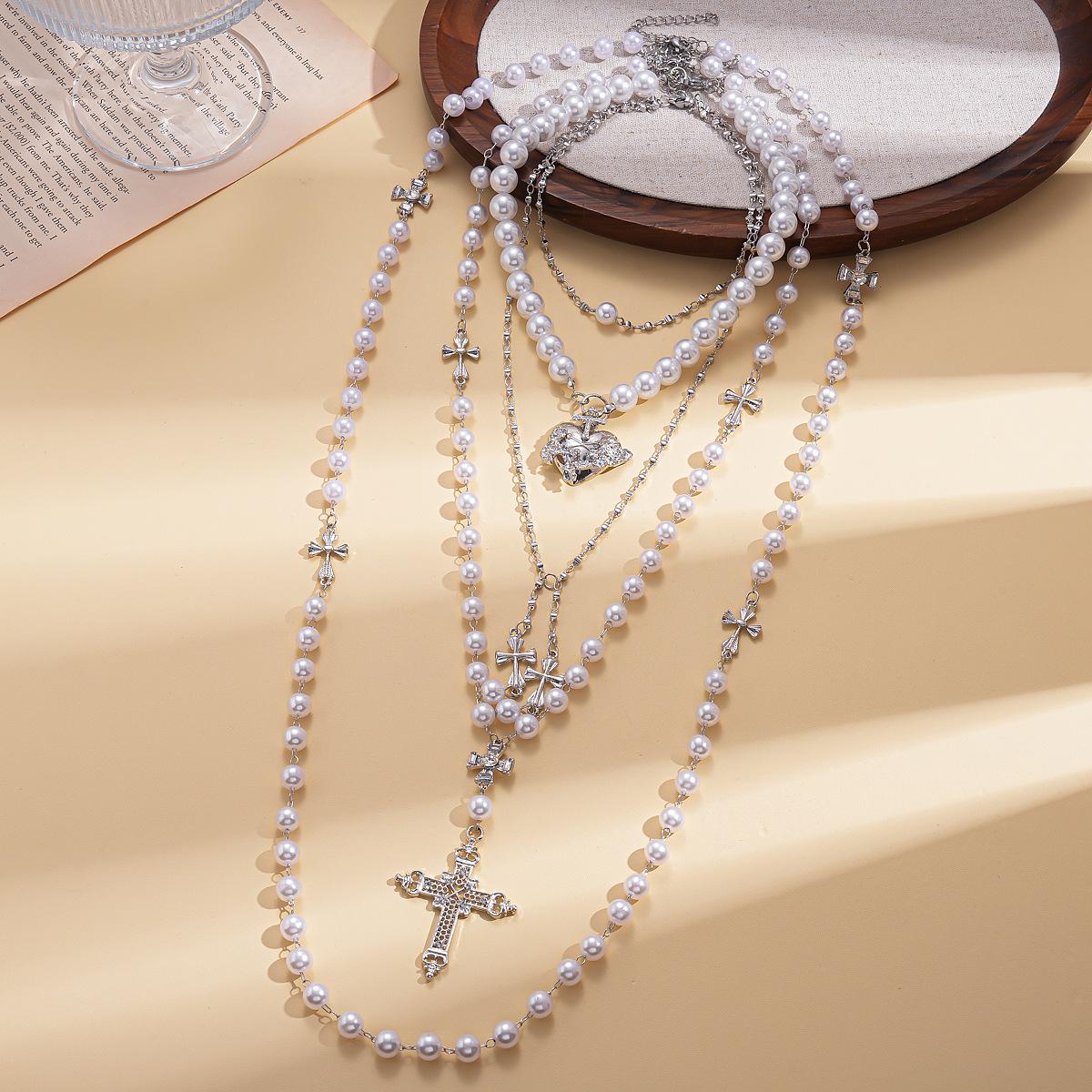 

Четырехсекционная цепочка для свитера с имитацией жемчуга, украшенная бриллиантами, в форме креста, модное ожерелье