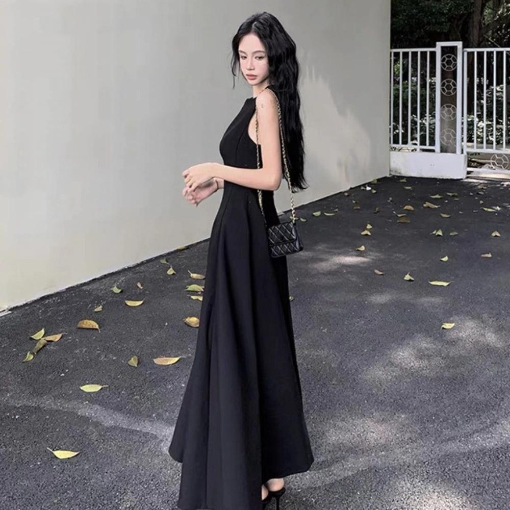 Temperament Sleeveless Long Dress U Neck Women Korean Dress Solid Color Long Skirt Party