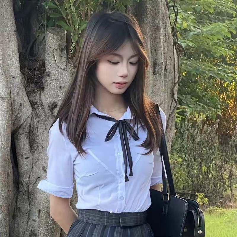 

Летняя приталенная рубашка с коротким рукавом и универсальный клетчатый комплект юбки: Сексуальный и стройнящий стиль JK Large