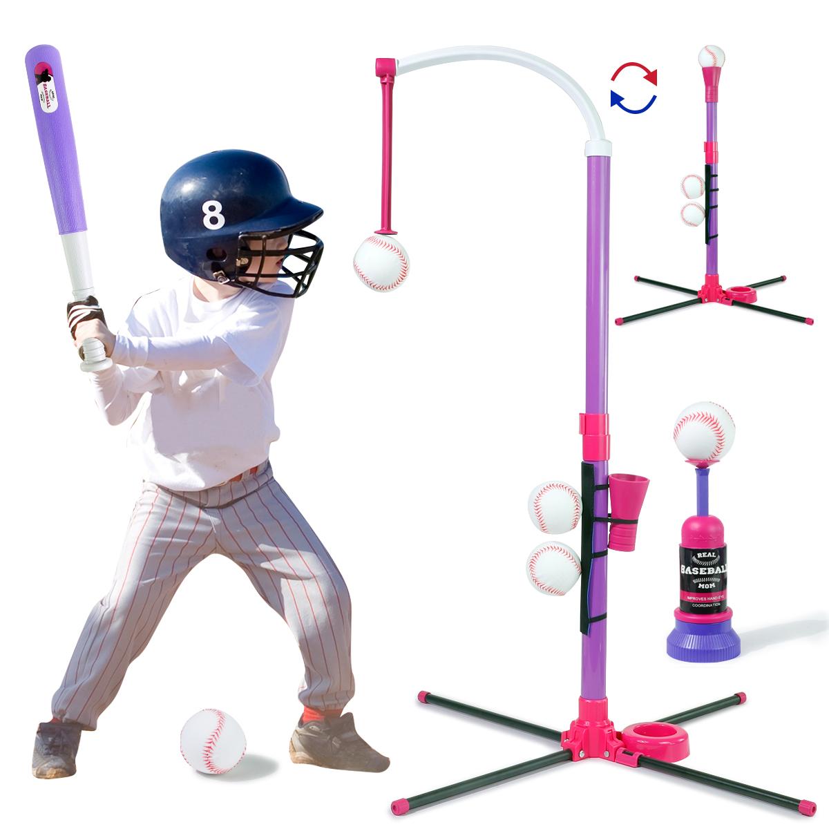 

3-in-1 Kids Baseball Toy Set with Hanging Ball Launcher Adjustable Height Toddler Baseball Set розовый