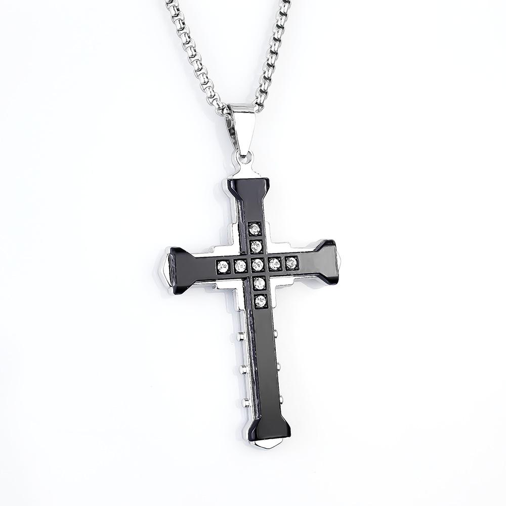 Titanium Stainless Steel Cross Necklace with Rhinestones - Men's Bold Fashion Accessory