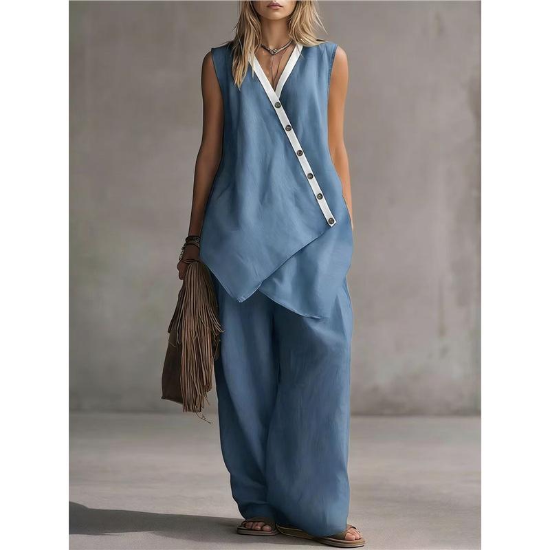 2026 spring and summer independent station European and American V-neck irregular button sleeveless vest wide leg pants casual fashion suit