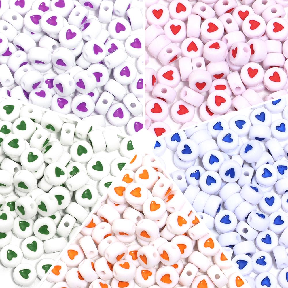 100pcs/lot Color Acrylic Heart Beads Flat Round Loose Spacer Bead for DIY Charms Bracelet Necklace Jewelry Making Accessories