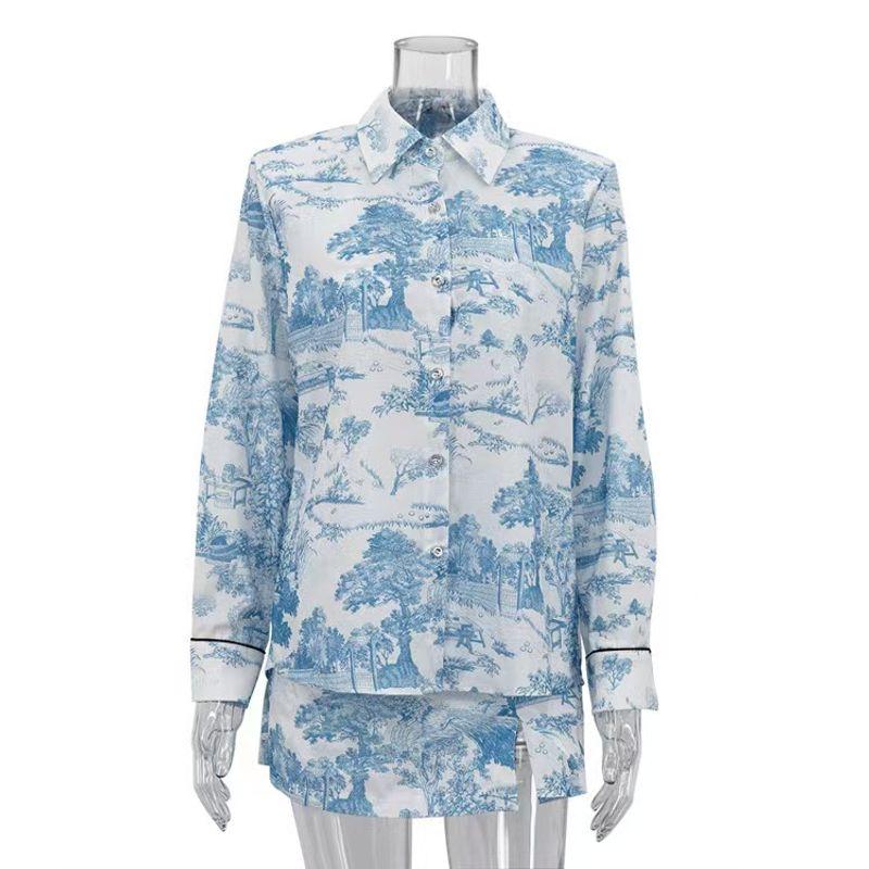 

European American Fashion Floral Print Shirt Vest Skirt Three-Piece Suit Shirt, Vest, Short Skirt Set Blue L