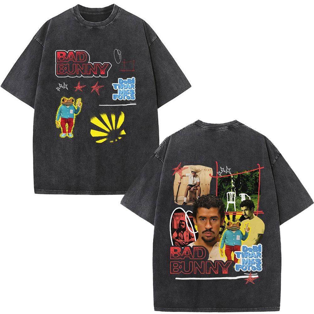Rapper Bad Bunny Album Cover Washed Vintage T-shirt Debi Tirar Mas Fotos DTMF T Shirts Men Fashion Hip Hop Short Sleeve T-shirts