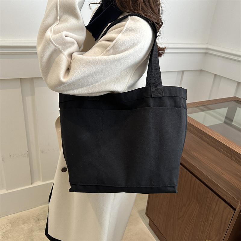 Large Capacity Minimalist Korean Style Solid Color Canvas Tote Bag For Women In Black And White