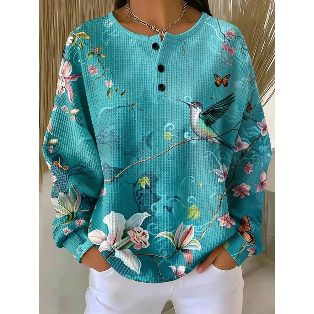 Ladies' Pullover Hoodie, Elegant and Fashionable, Trendy Hummingbird Flower Butterfly Printed Design, Daily Casual Versatile Warm Loose Top