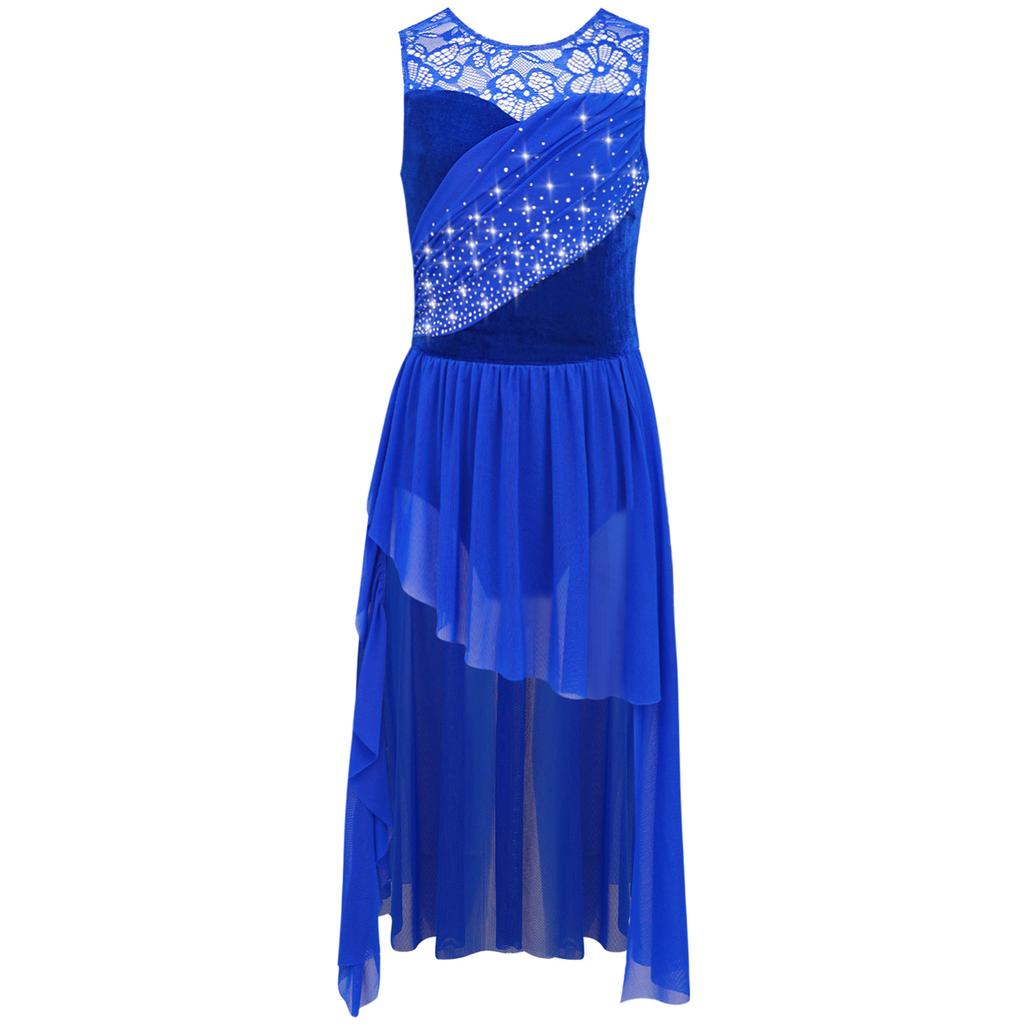 Dívčí výkonnostní šaty Krajková patchworková vsadka Řasený síťovaný přehoz Asymetrický lem Třpytivé kamínky Taneční oděv