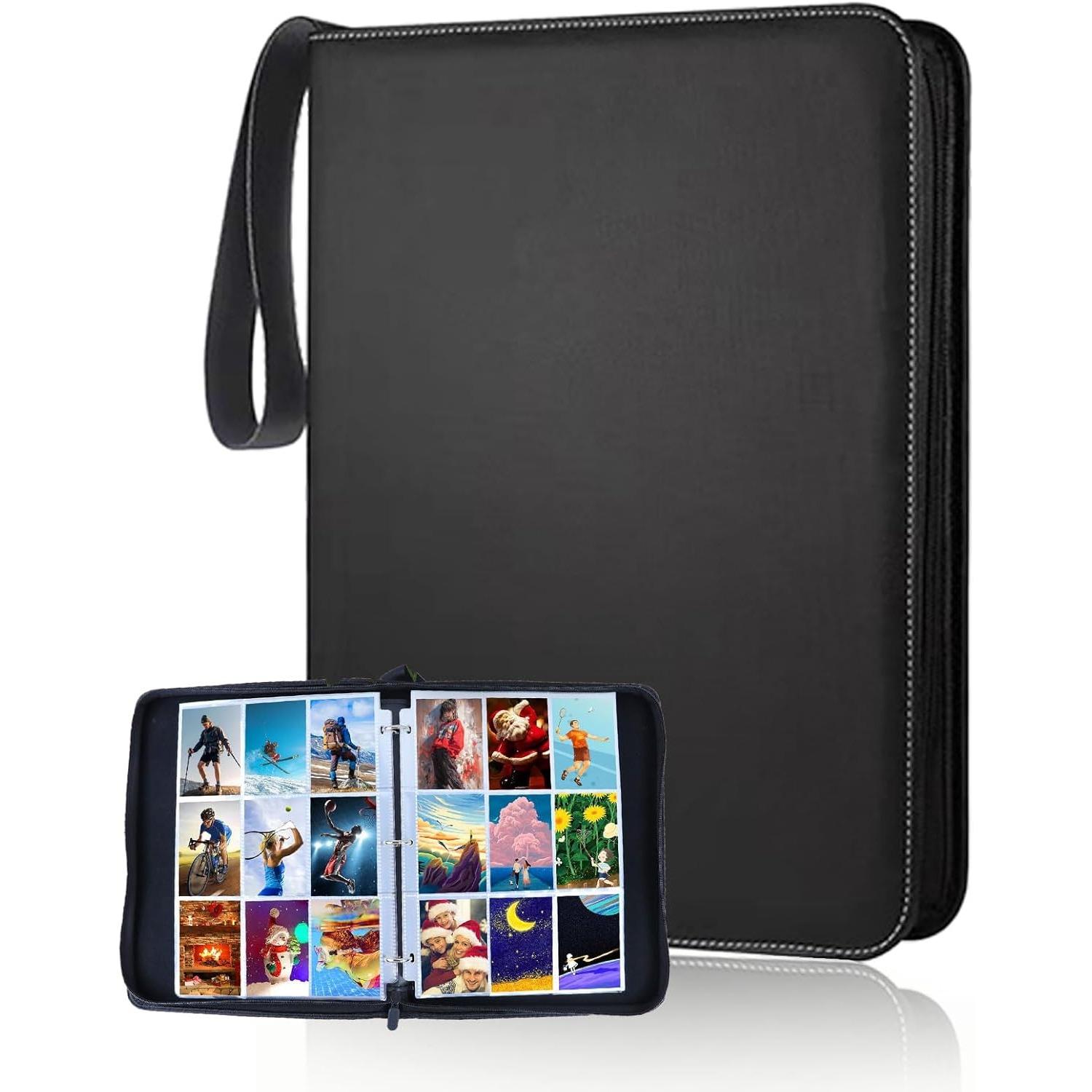 

Card Binder - 900 Side Loading Pocket with Sleeves, Trading Card Binder Waterproof with PU Leather Zipper, Top Loader Binder Album Folder Card чорний