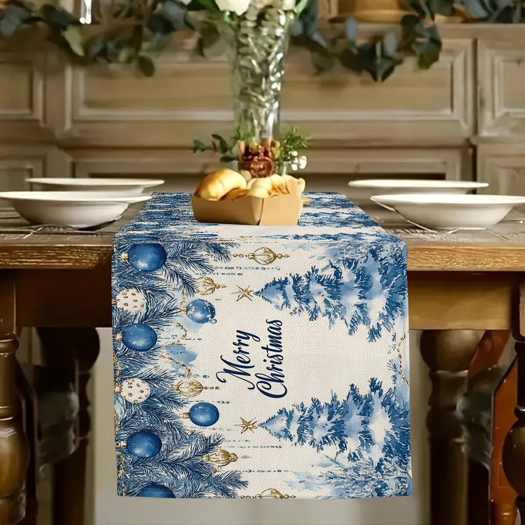 Frohe Weihnachten Blauer Weihnachtsbaum Leinen Tischläufer Partydeko Winter Weihnachtskugel Küche Esszimmer Tischläufer Weihnachtsdekoration