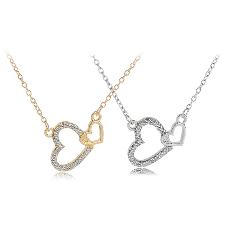 Funny Dazzling Double Crystal Heart Link Design Necklace Golden Silvery Valentine's Day Women Girls Jewelry Gift