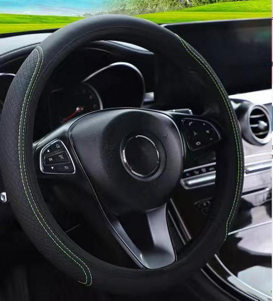 Fiber Leather Steering Wheel Cover - Double Circle, Elastic Band, Wear-Resistant, Embossed Design.