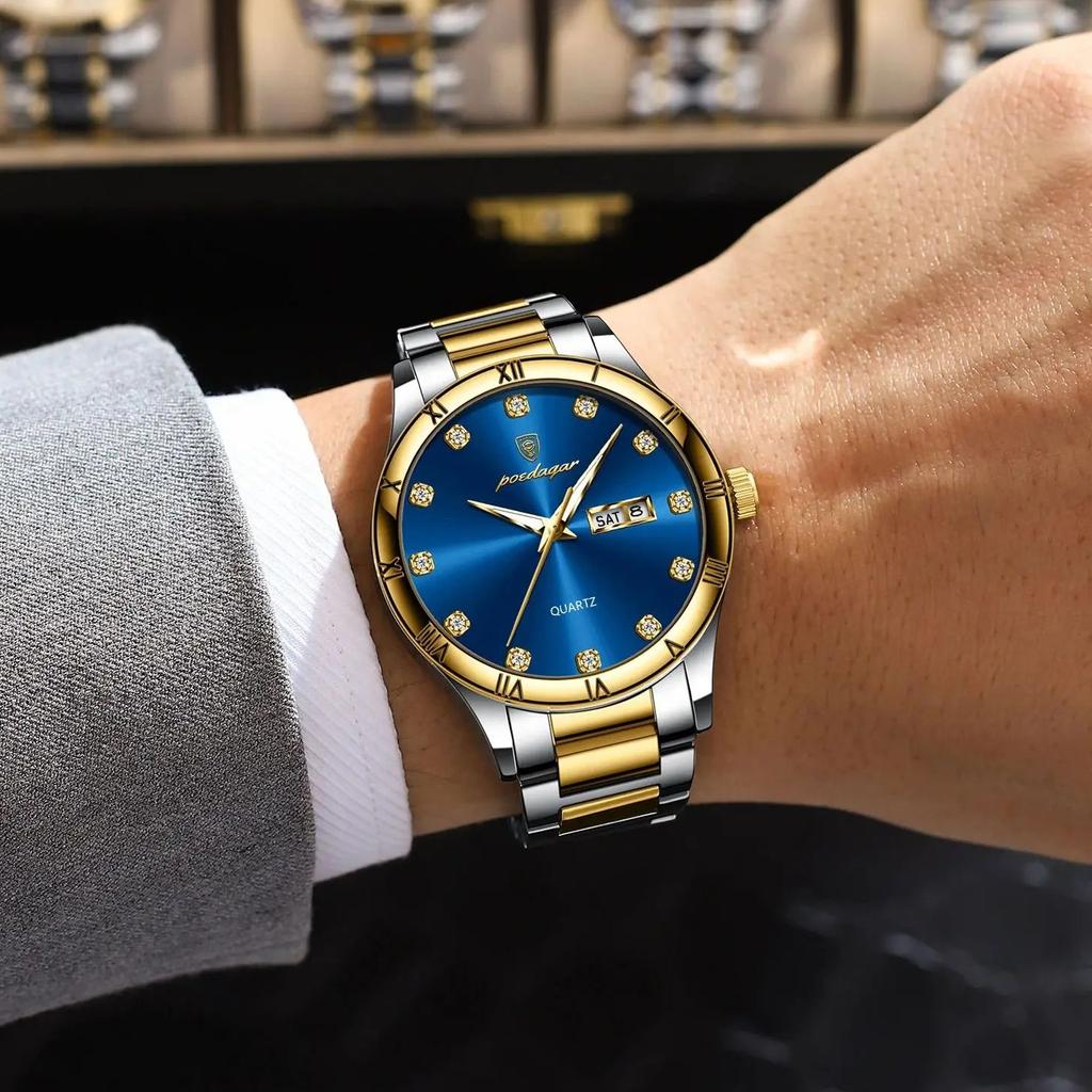 POEDAGAR Luxury Men's Quartz Watch Date Week Waterproof Luminous Man Watch Stainless Steel Casual Fashion Watches For Men