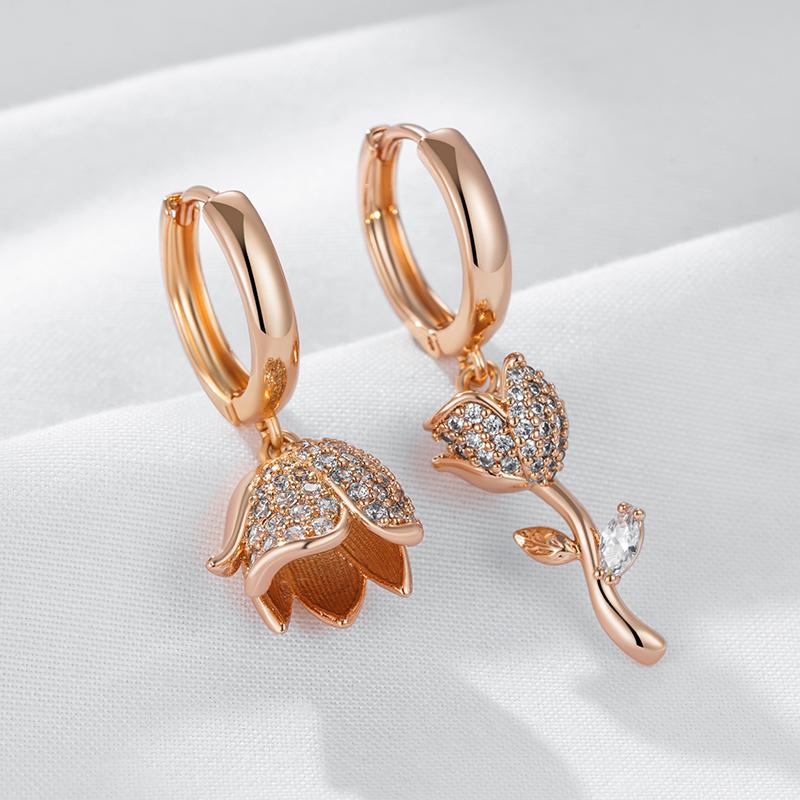 Rose Gold Color Asymmetrical Big Drop Earrings For Women Full Shiny Natural Zircon Accessories Daily Fine Jewelry