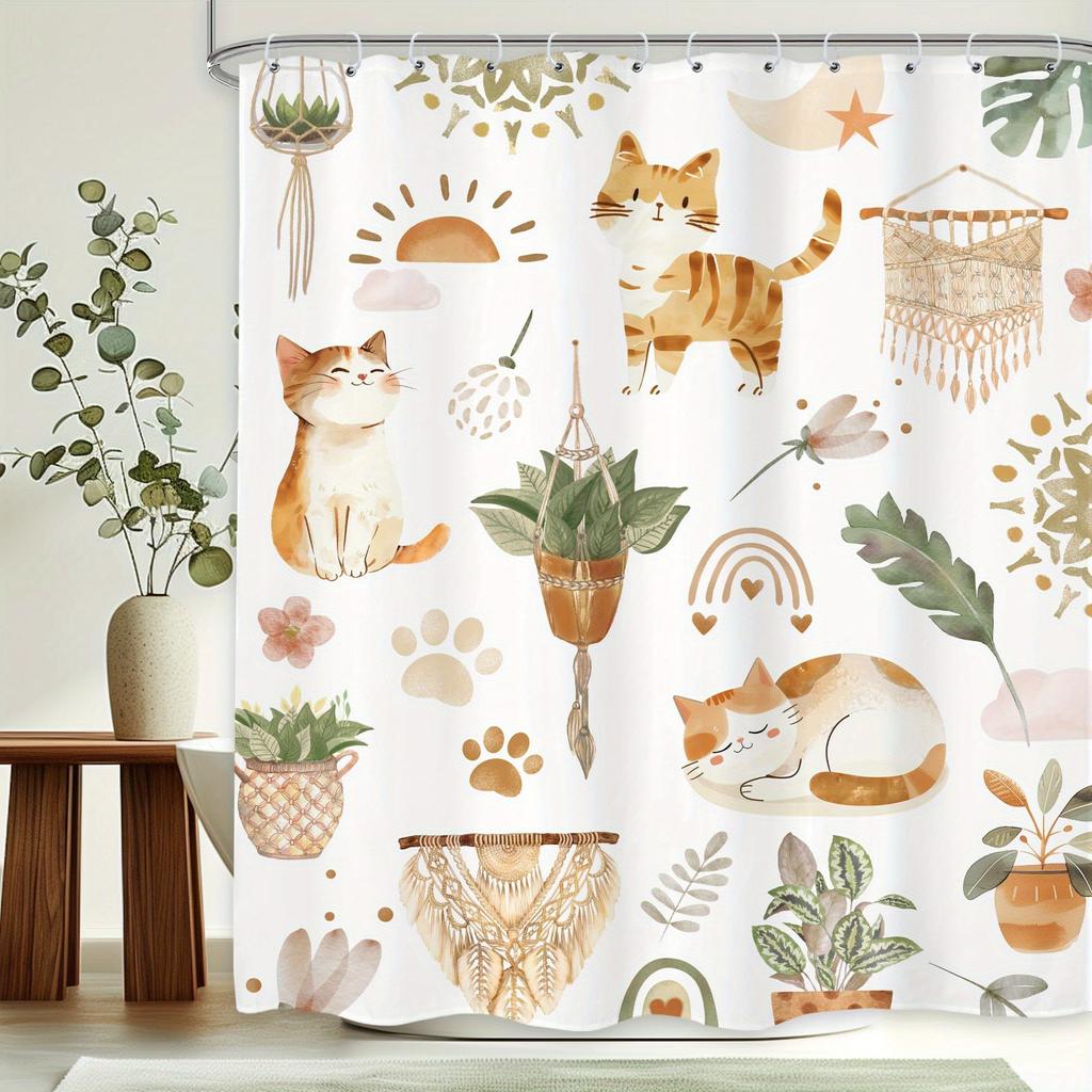 Wodoodporny Poliestrowy Parawan Kąpielowy - Nadruk Cyfrowy, Można Prać w Pralkce z Haczykami, Ekscentryczne Motywy Kota i Roślin