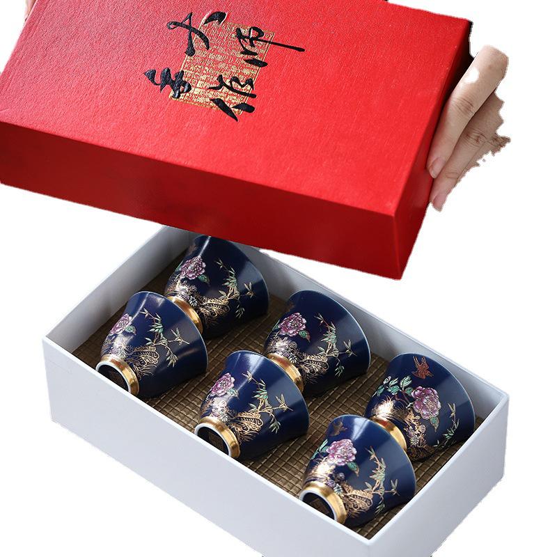 Sky Blue Gold-Accented Small Teacup Set for Home, Personalized Kung Fu Tea Tasting, Six-Cup Gift Box for Gifting.