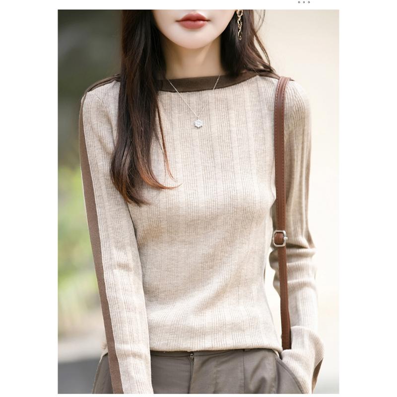 Women's Beige Ribbed Knit Top Contrast Collar Long Sleeve Fit Autumn Casual Fashion Comfortable Knit Sweater