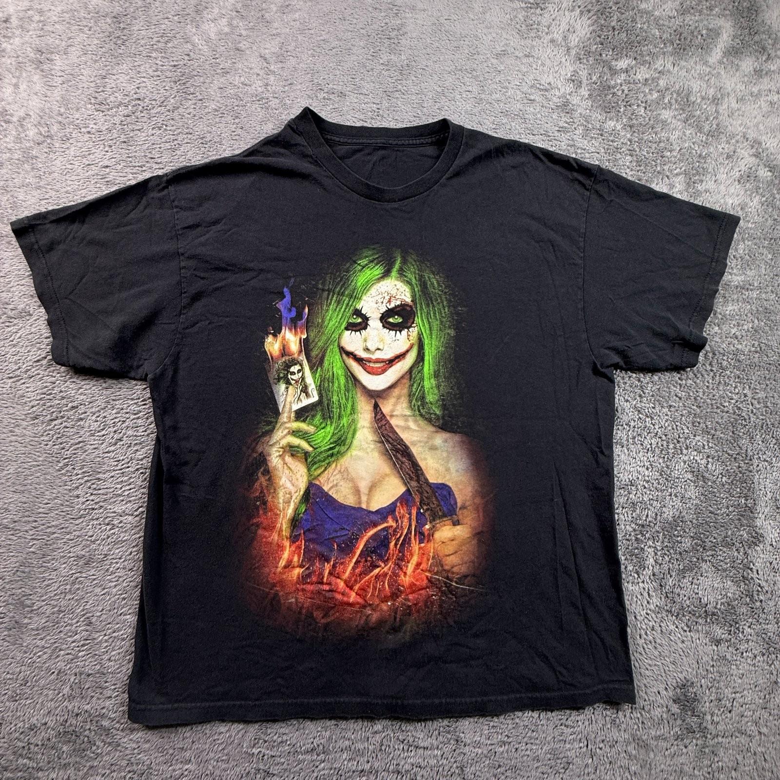 Vintage Y2K Harley Quinn Joker Graphic Mens L Black Faded Crew Neck Unisex T-Shirt S