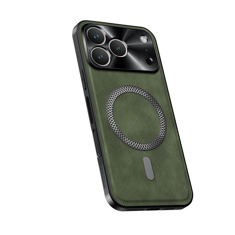 Applicable to iPhone17ProMax metal lens magnetic suction mobile phone case leather pattern Apple 16Pro anti-drop protective case