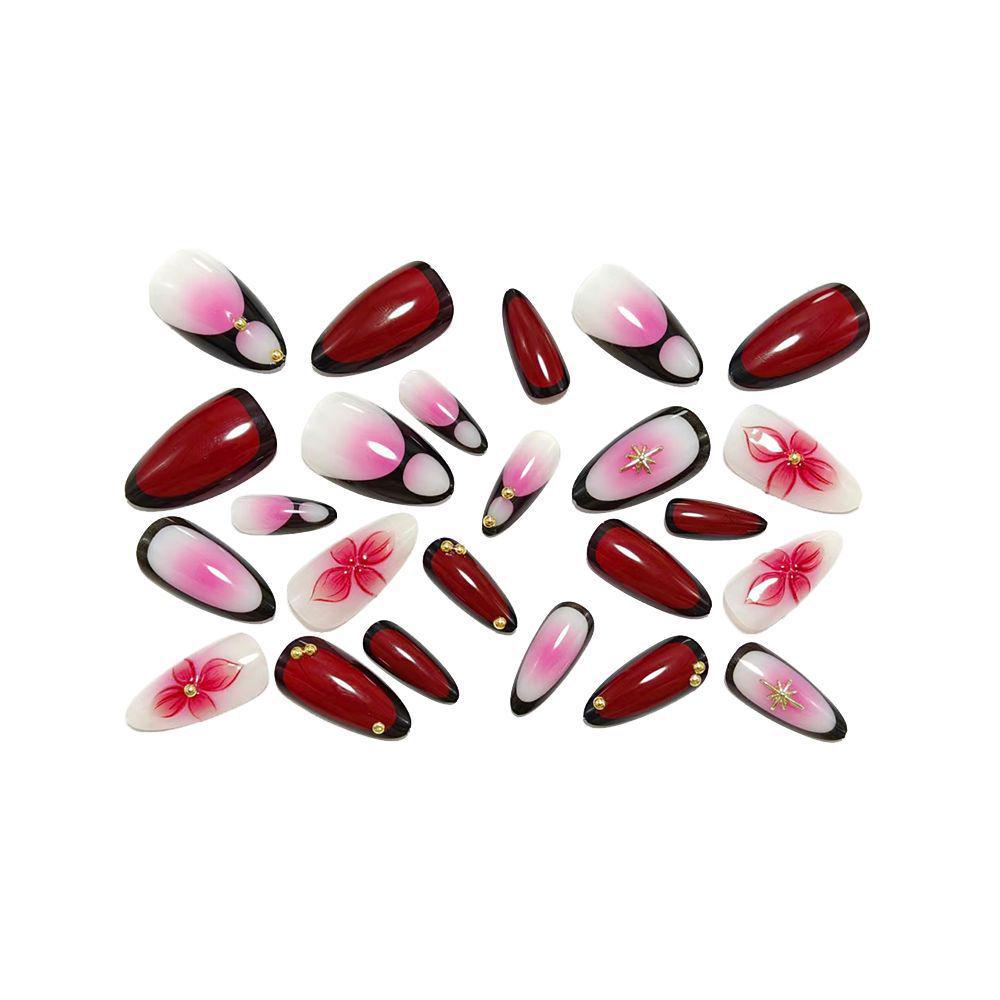 High-End Gold Beaded Almond-Shaped Floral Nail Art Stickers - French Edge, 24-Piece Velvet False Nails Set