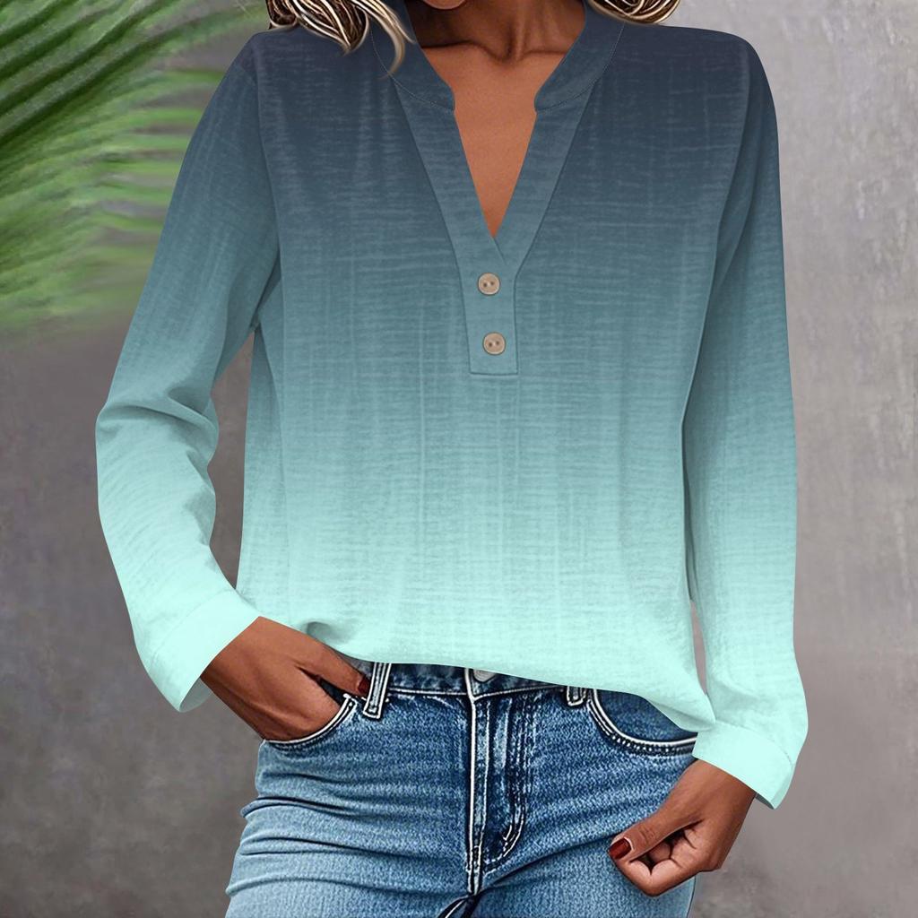 Camisa de Moda y Casual para Mujer Manga Larga Cuello en V Botones Estampada Blusa Top