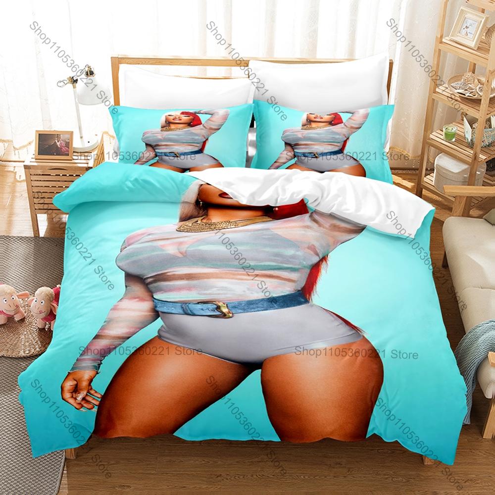 Megan Thee Stallion Duvet Cover + 2 Pillowcases Neon Hip Hop Abstract Graphic 3Pcs Zipper Quilt Cover For Rap Music Collector