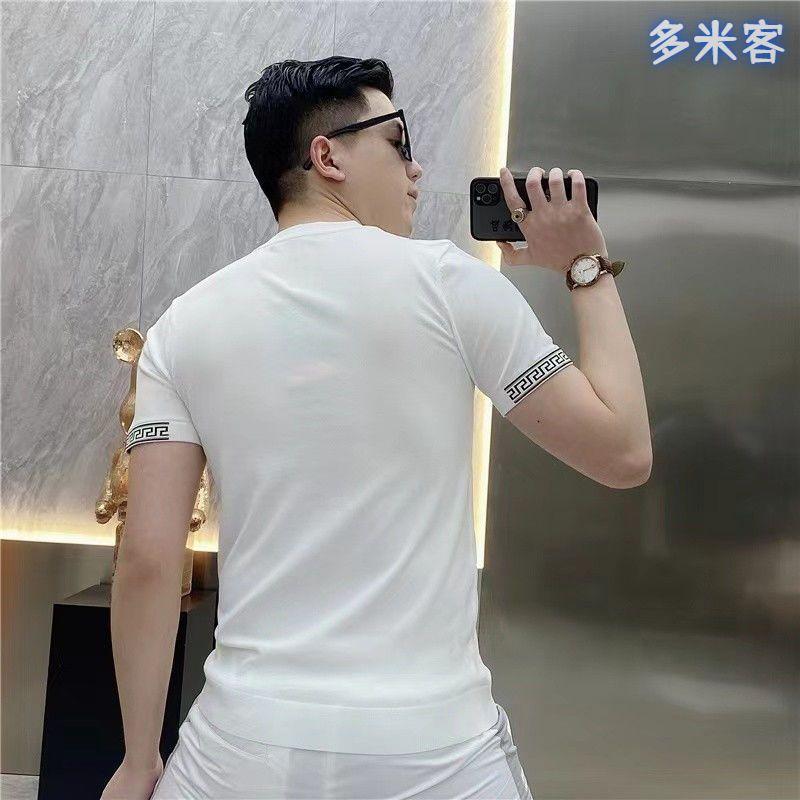 New Summer Men's Ice Silk Short-sleeved T-shirt Casual Trendy Brand Thin Breathable Round Neck Embroidered Knitted T-shirt