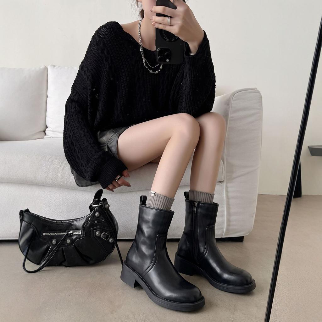 New retro square head thick heel women's short boots thick heel thin boots medium heel casual fashion women's boots