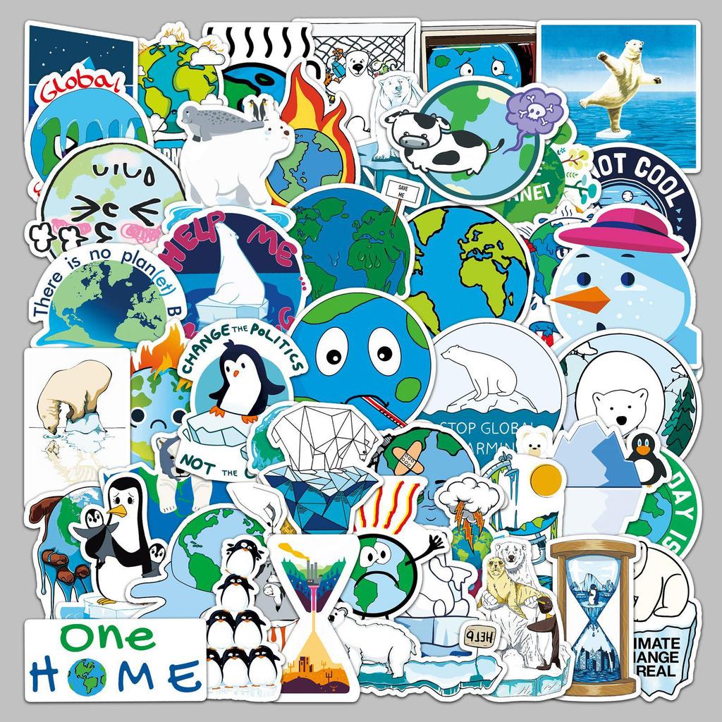 50 Waterproof Cartoon Graffiti Stickers for Suitcases, Scooters, and Tablets - Global Warming Theme
