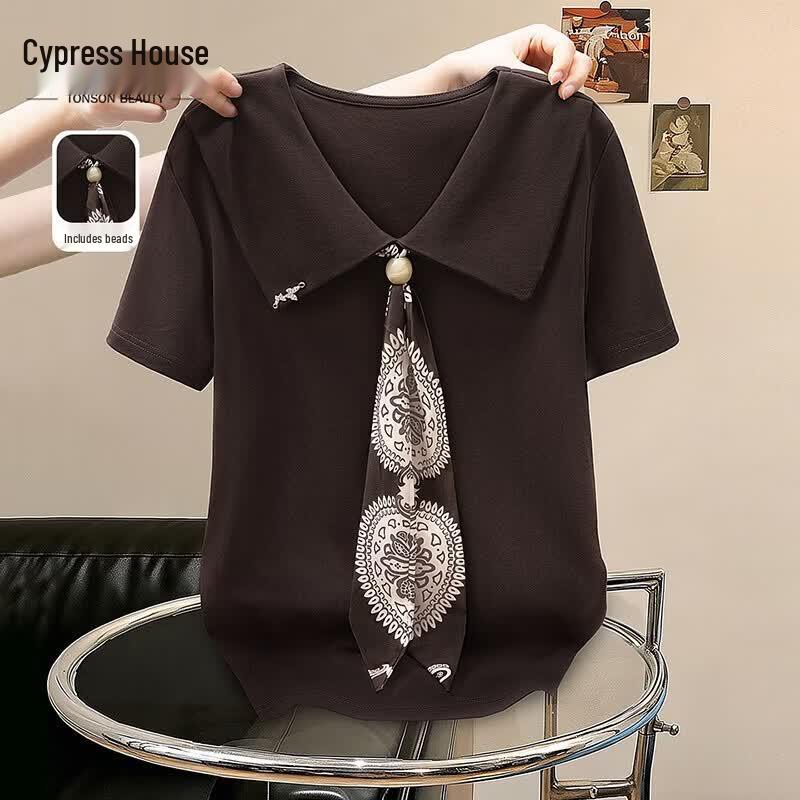 Women s Lapel Short Sleeve Slim Fit T-Shirt with Scarf Detail S
