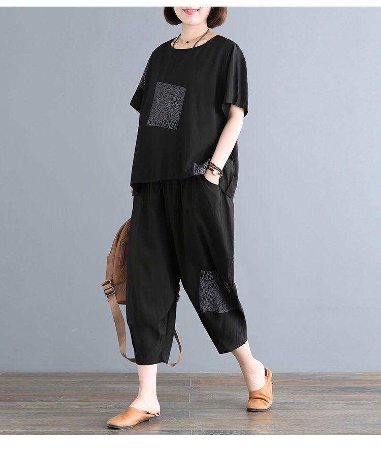 2025 Casual Plus-Size Summer Two-Piece Set: Loose Short-Sleeved Top & Trousers