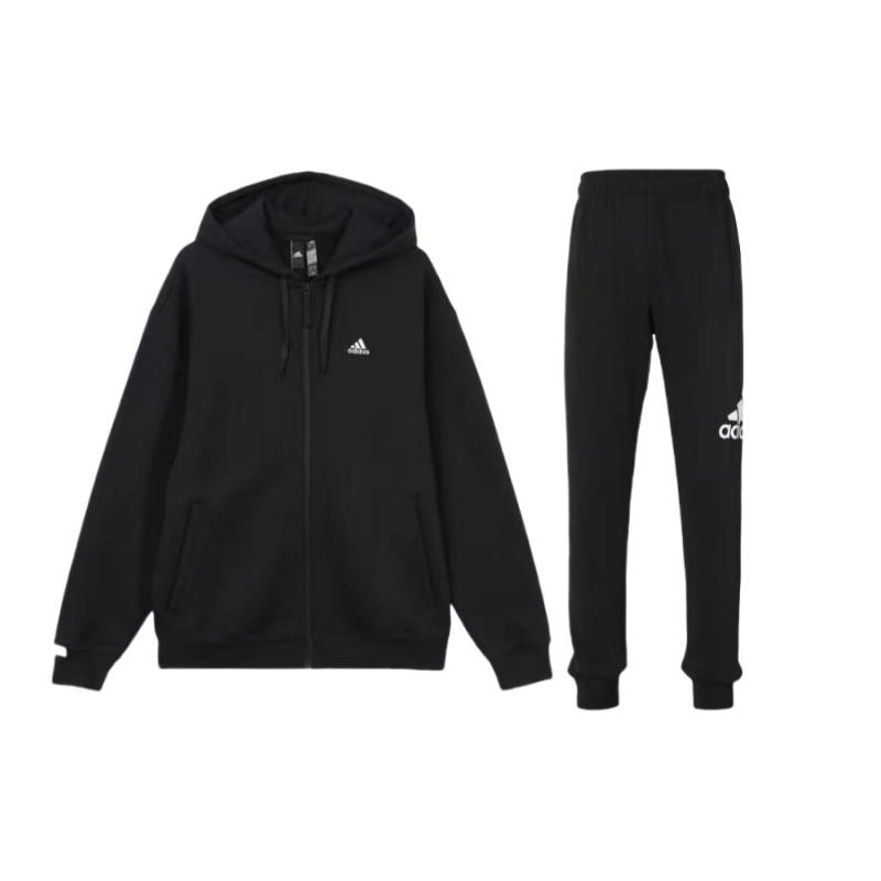 

Adidas Толстый флисовый топ с капюшоном и молнией, длинные рукава, удобные эластичные брюки со средней талией, повседневный спортивный костюм, унисекс, черный IV7607+AB6527 S