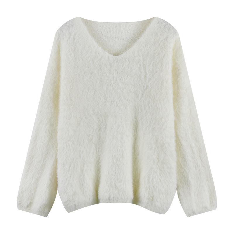 Autumn and winter imitation mink V-neck solid color sweater women's loose and thin bottoming shirt solid color long-sleeved knitted sweater