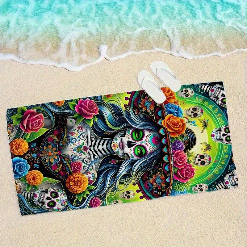 Skull Floral Printed Beach Towel, Quick Drying Soft Ultra Fine Fiber for Pool Fun