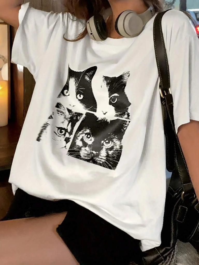 Women T-Shirt Vintage Cat Cute Printing Short Sleeve Tees Summer Street Fashion Tops Casual O-Neck Female Clothes Women Clothes