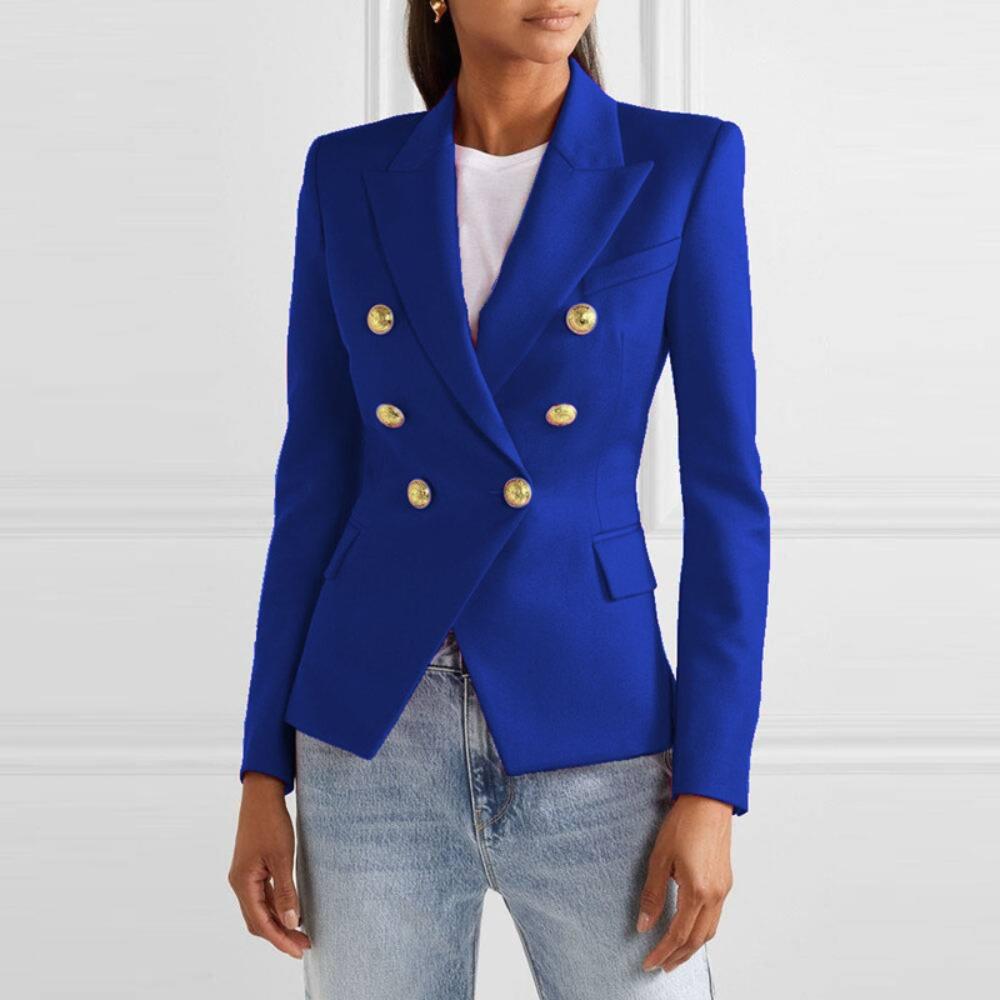 Women's Lapel Double Breasted Blazer Solid Color Long Sleeve Slim Fit Formal Business Short Suit Jacket