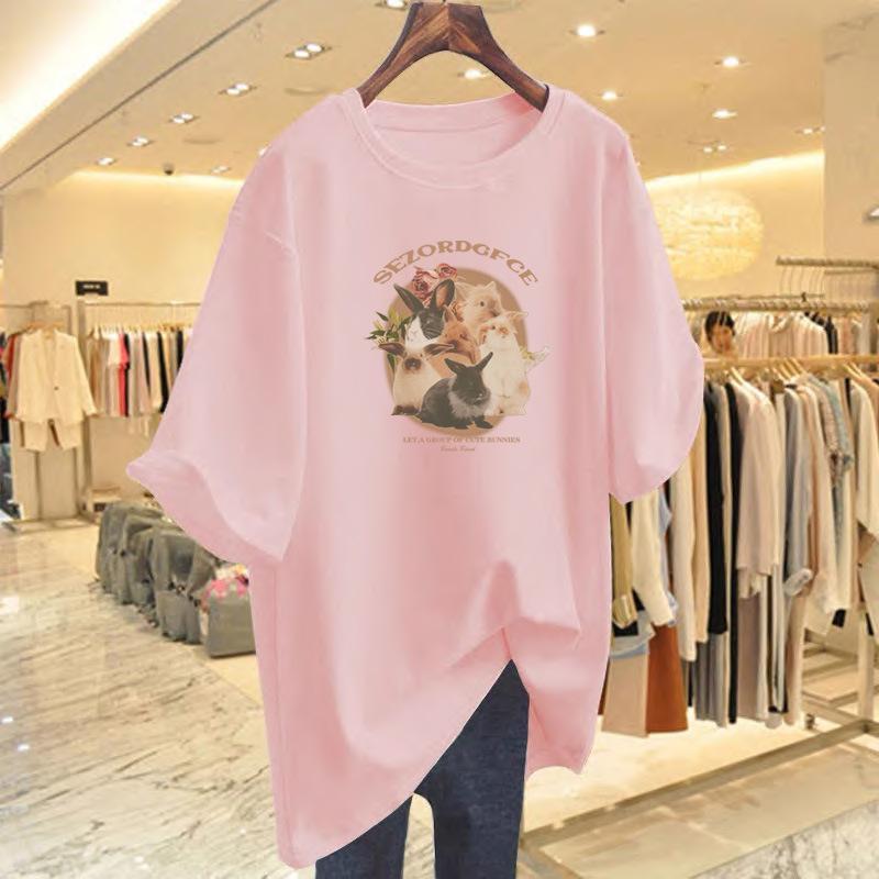 Pure Cotton Loose Printing Versatile Age-reducing T-shirt Large Size Cartoon Short-sleeved Women's New Medium and Long Models