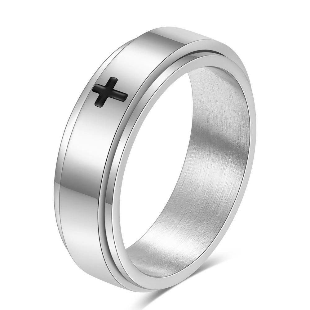 18K Gold Rotatable Glossy European Ins 6MM Two-Tone Stainless Steel Cross Ring with Logo Engraving Size 6