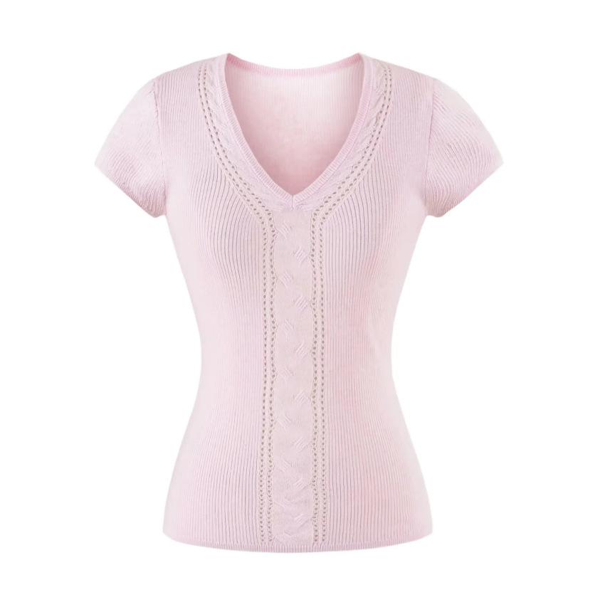 Twisted hollow short-sleeved T-shirt women's summer new American Spice Girl solid color V-neck slim-fitting knitted bottoming top