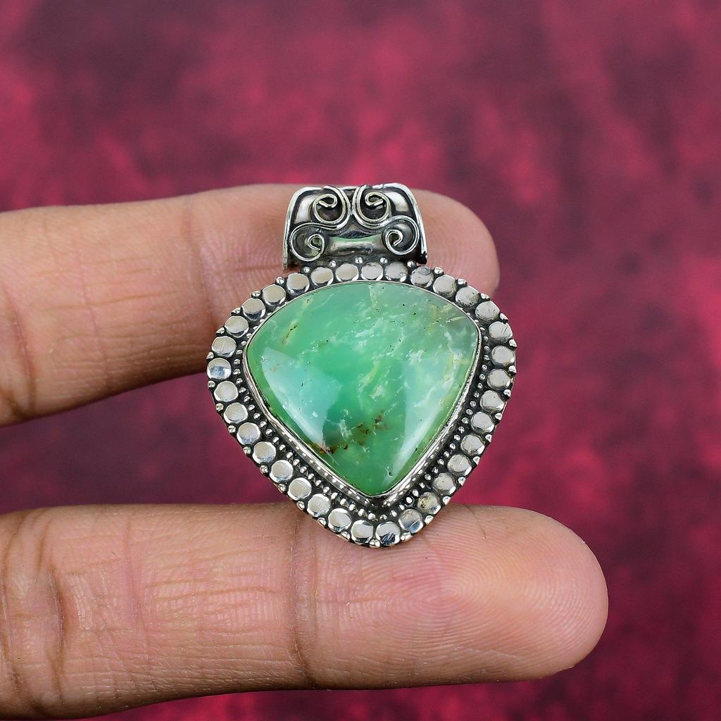 Lemon Chrysophrase 925 Solid Sterling Silver Pendant, Handmade Gemstone Pendant , Gift For Mom Antique Jewelry